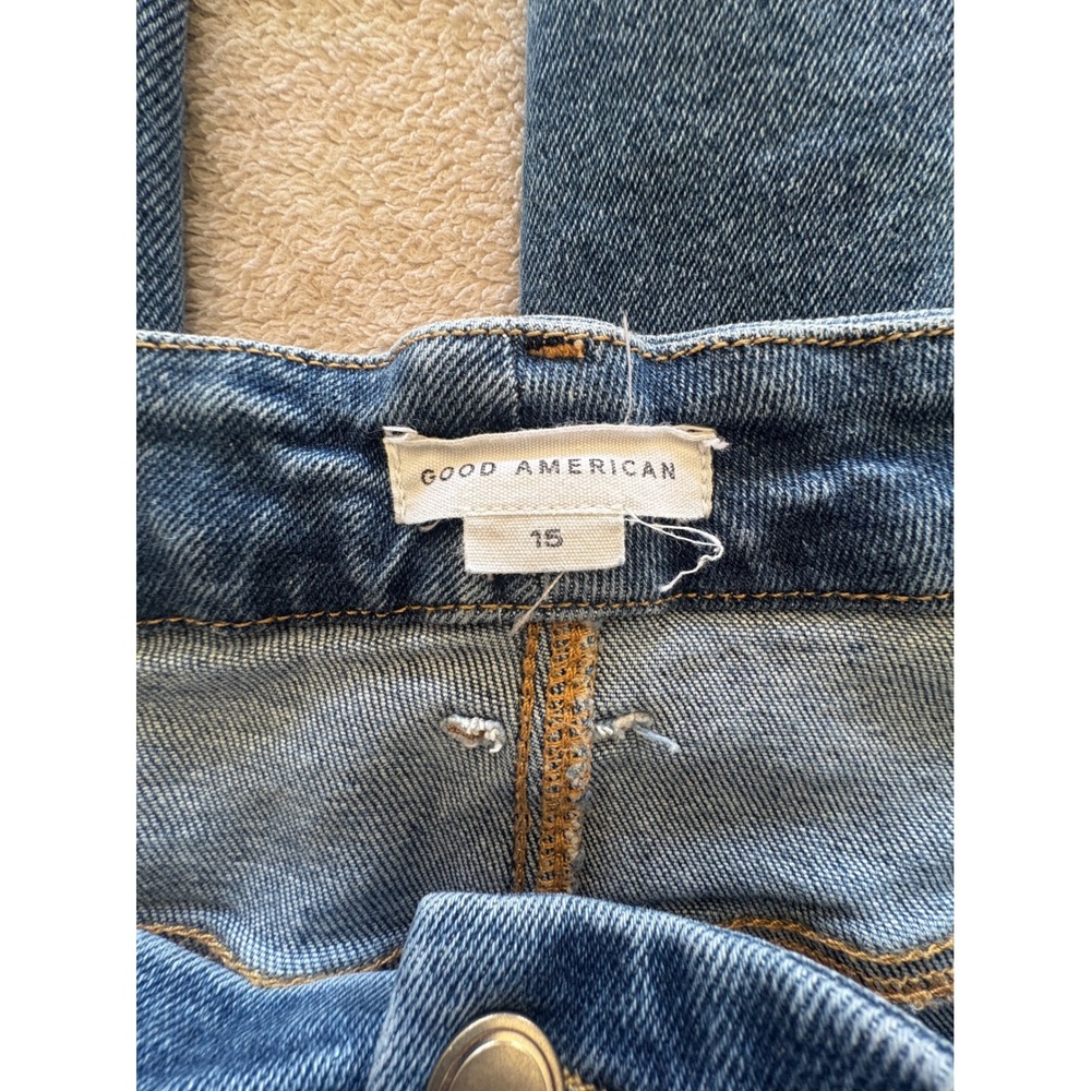 Good American Distressed Flare Jeans Indigo Blue Cropped Raw Hem Women's 15 (33) - Picture 6 of 9